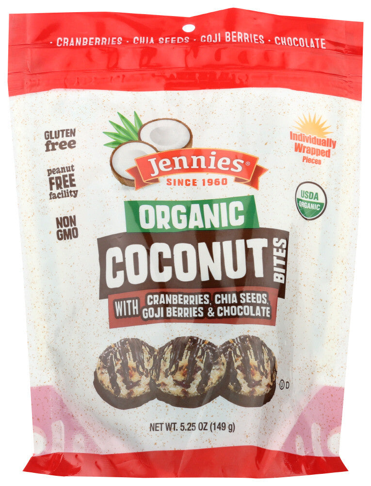Jennies organic Coconut Bites- cranberries, chia seeds, Goji berries and Chocolate ( 6 x 5.25 oz   )